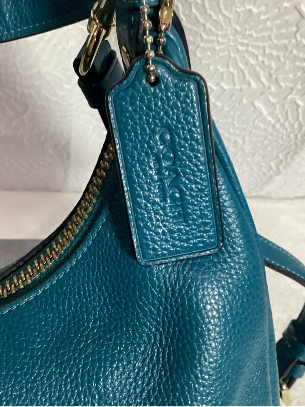 COACH Teal Pebbled Leather Harley East West Hobo Bag with Charm & Long Strap EUC - Picture 8 of 15